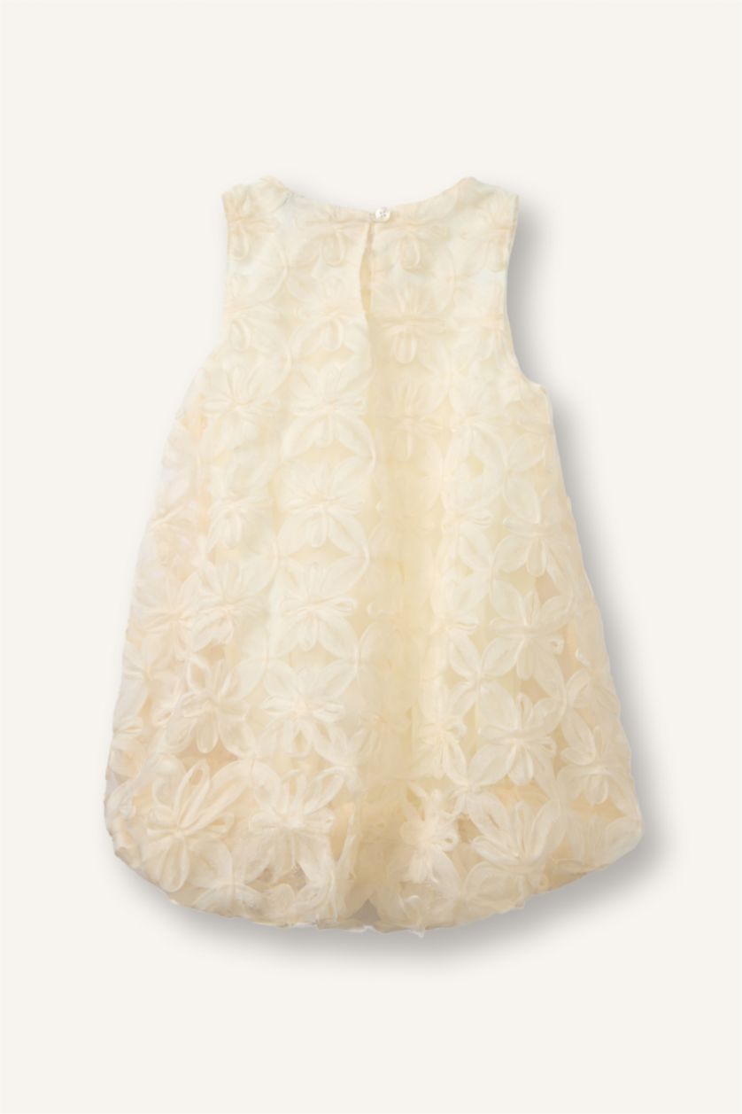 Kız Bebek Ekru Çiçekli Kolsuz Dantel Elbise Kız Bebek