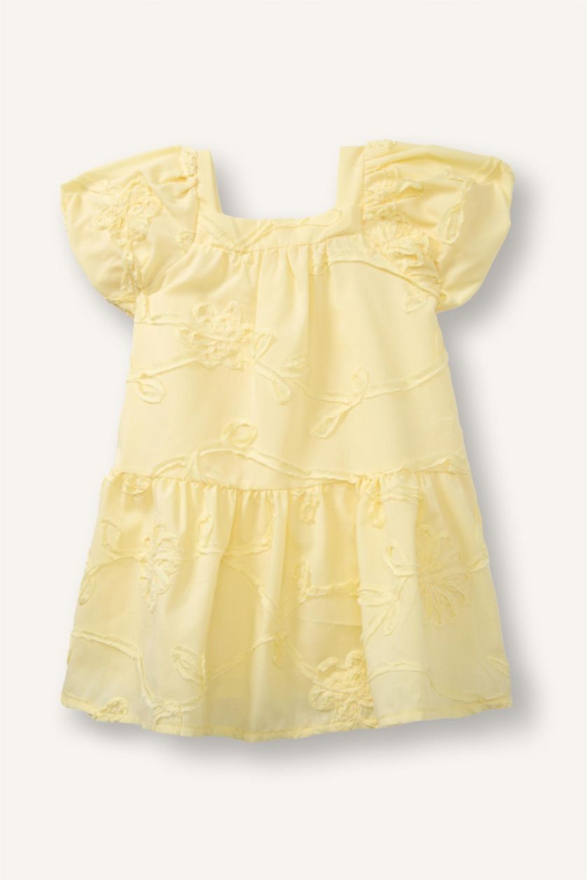 طفلة صغيرة أصفر فاتح Baby Girl Floral Short Sleeve Lace Dress