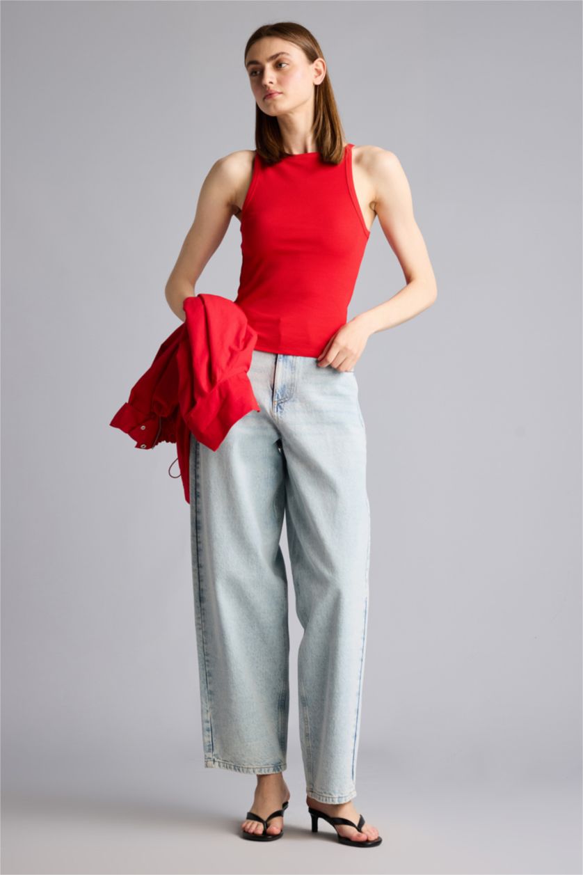 Kadın Kırmızı Slım Fıt Basıc Kayık Yaka Fitilli Kaşkorse Atlet