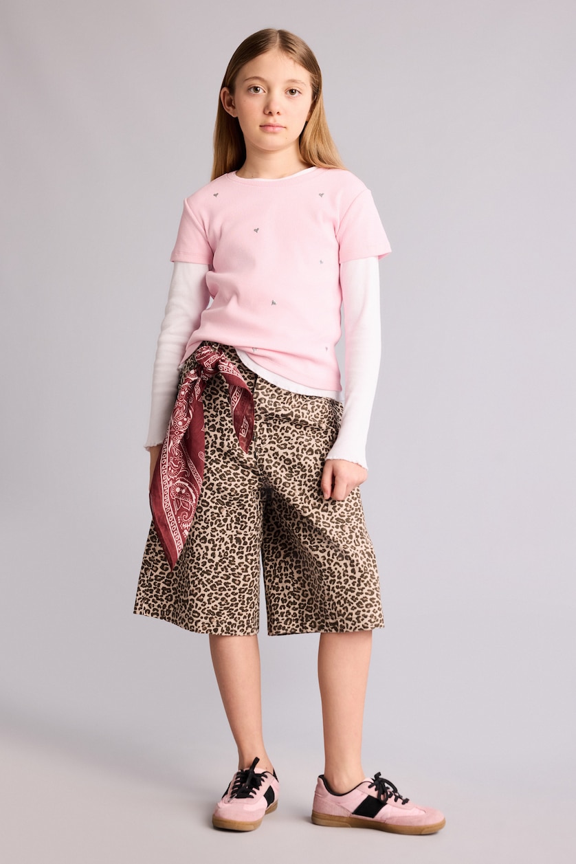 Kız Çocuk - Genç Kız Bej %100 Pamuk Leopar Desenli Gabardin Şort Kız Çocuk