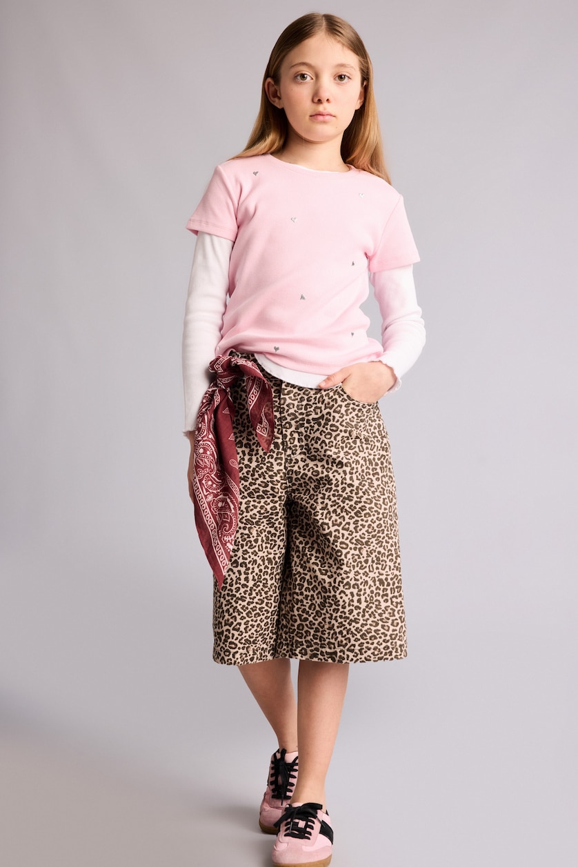 Kız Çocuk - Genç Kız Bej %100 Pamuk Leopar Desenli Gabardin Şort Kız Çocuk