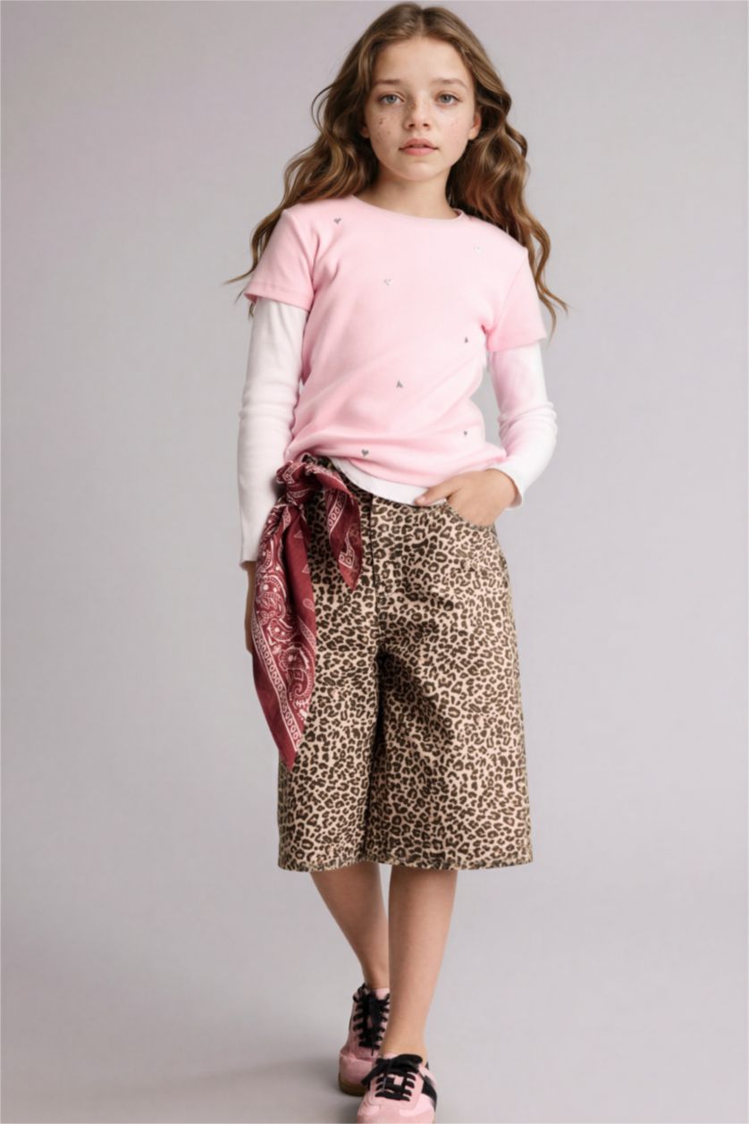 Kız Çocuk - Genç Kız Bej Leopar Desenli Gabardin Şort Kız Çocuk