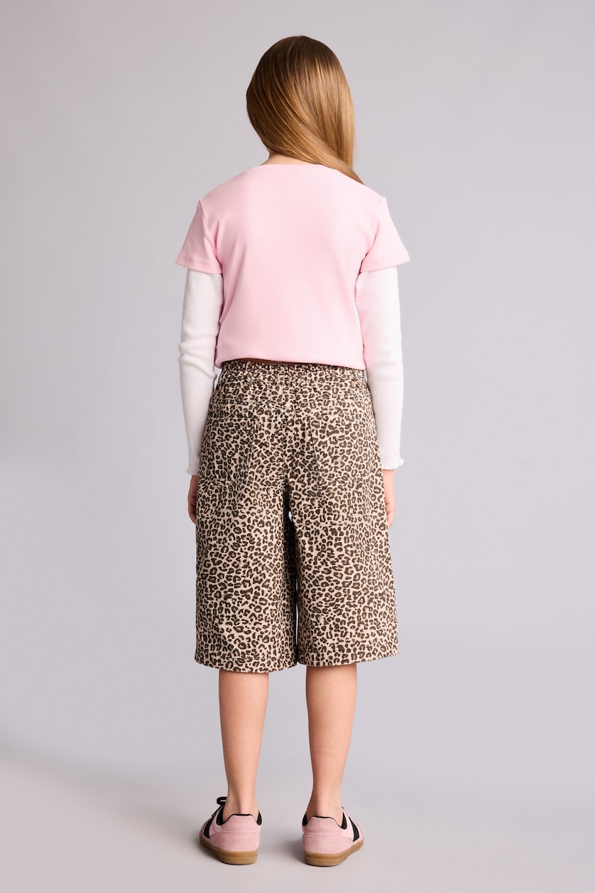 Kız Çocuk - Genç Kız Bej %100 Pamuk Leopar Desenli Gabardin Şort Kız Çocuk