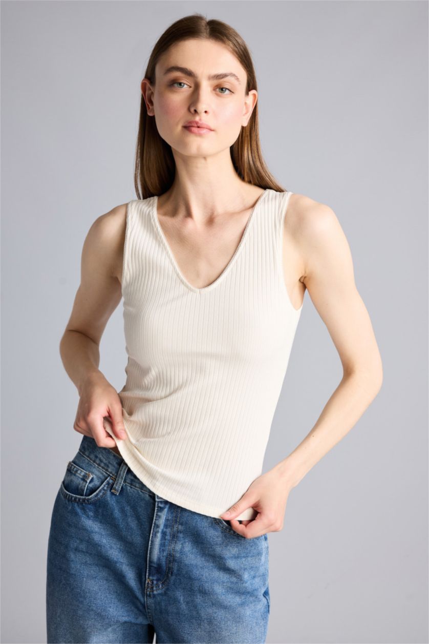 Kadın Ekru Slim Fit Kaşkorse Atlet