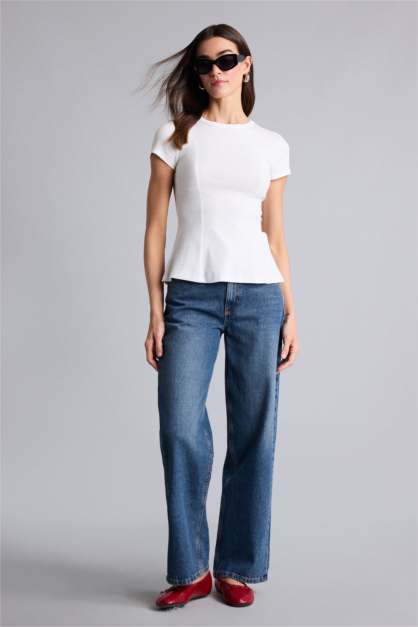 Kadın Ekru Slım Fıt Ribana Kısa Kollu Tişört