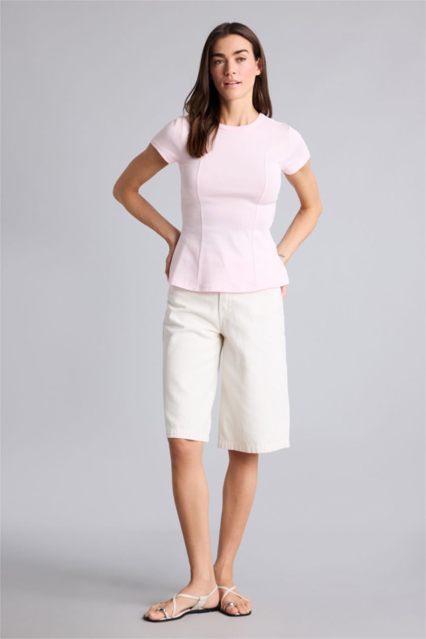Kadın Açık Pembe Slım Fıt Ribana Tişört