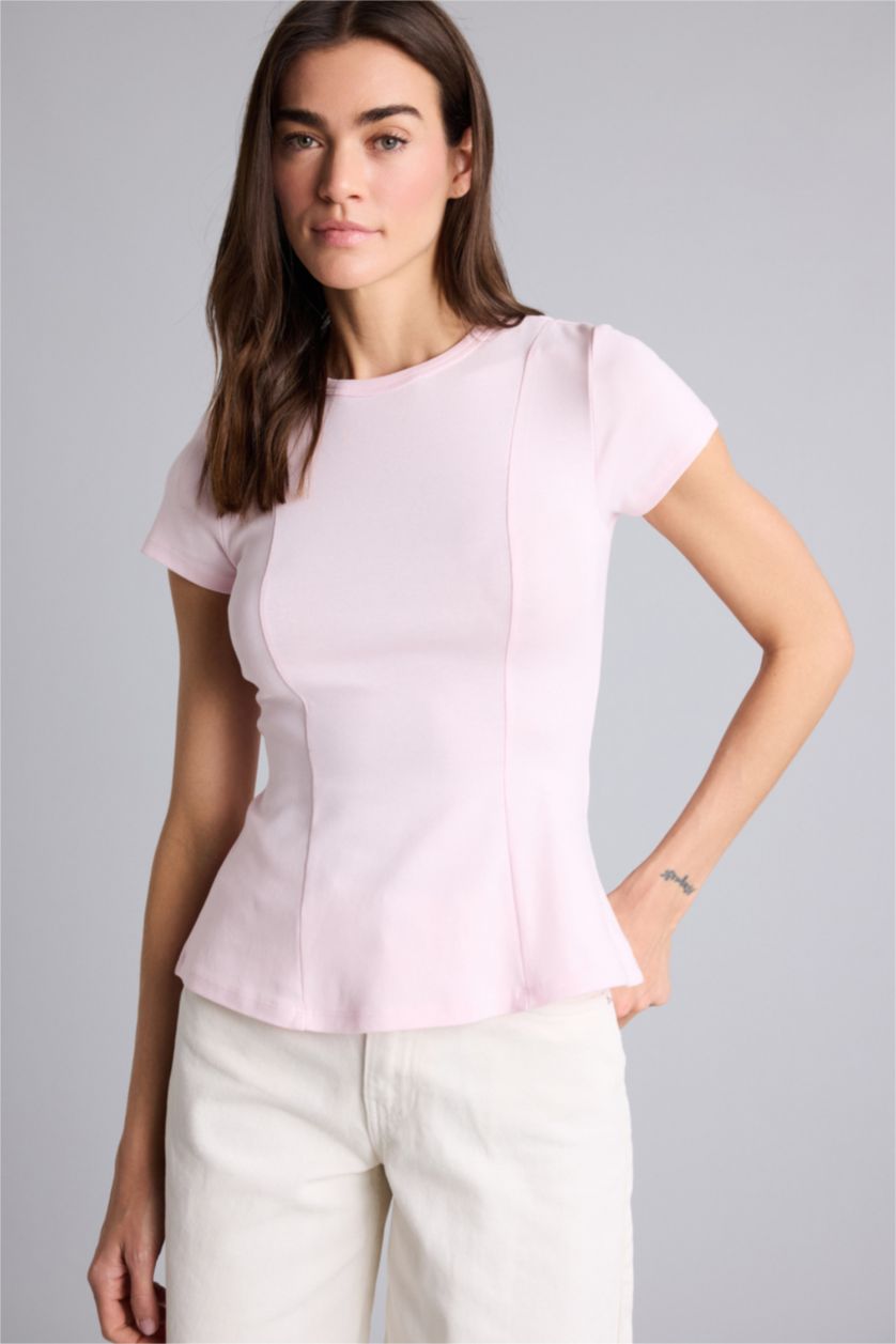 Kadın Açık Pembe Slım Fıt Ribana Tişört