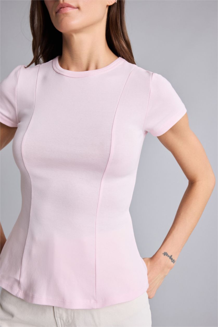 Kadın Açık Pembe Slım Fıt Ribana Tişört