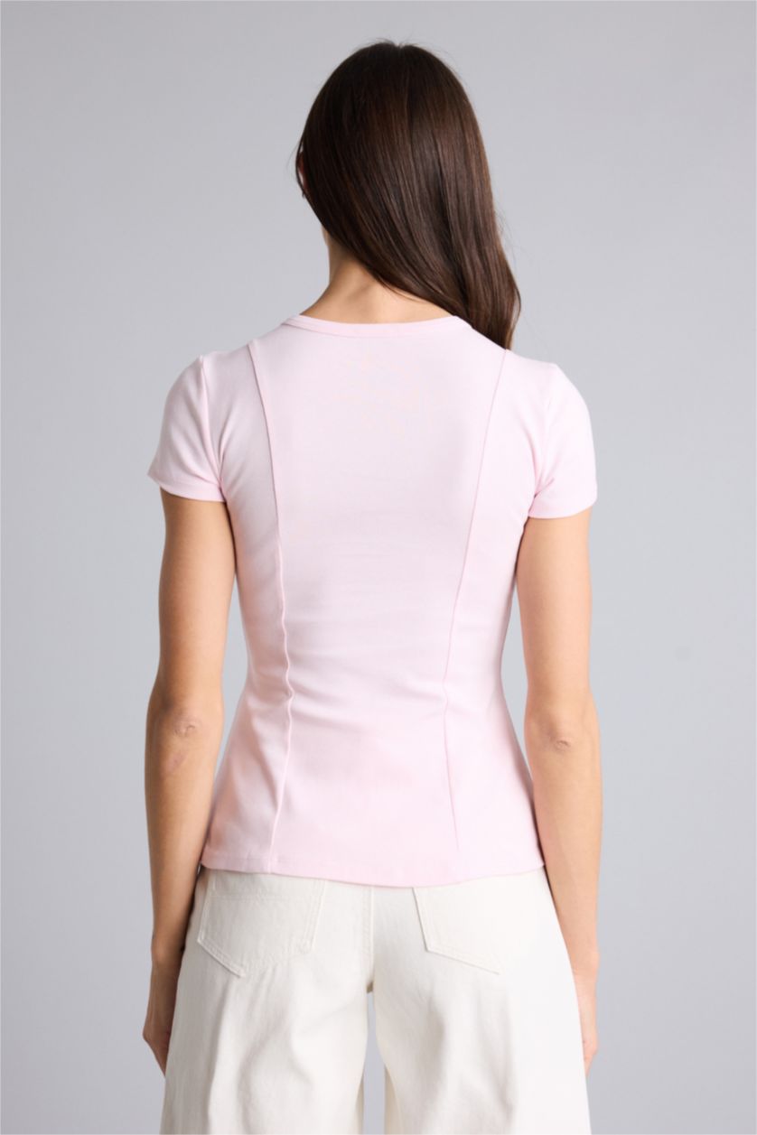 Kadın Açık Pembe Slım Fıt Ribana Tişört