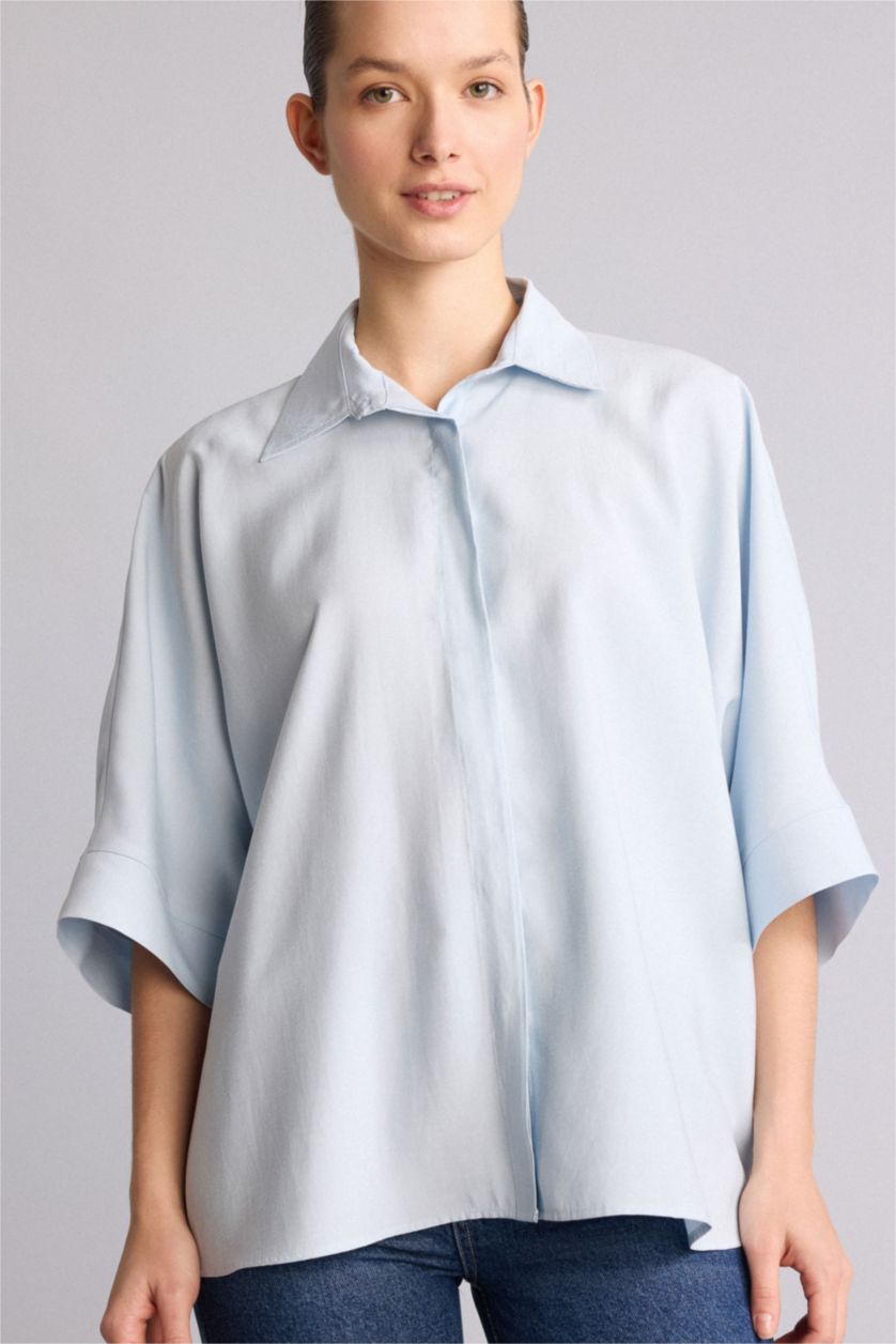 Kadın Açık Mavi Relaxed Fit Modal Gömlek