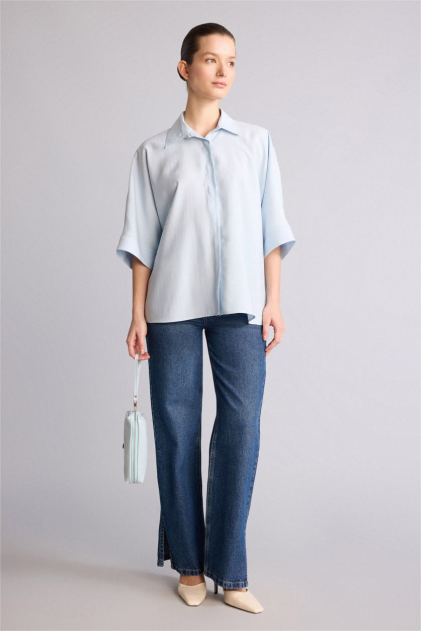 Kadın Açık Mavi Relaxed Fit Modal Gömlek