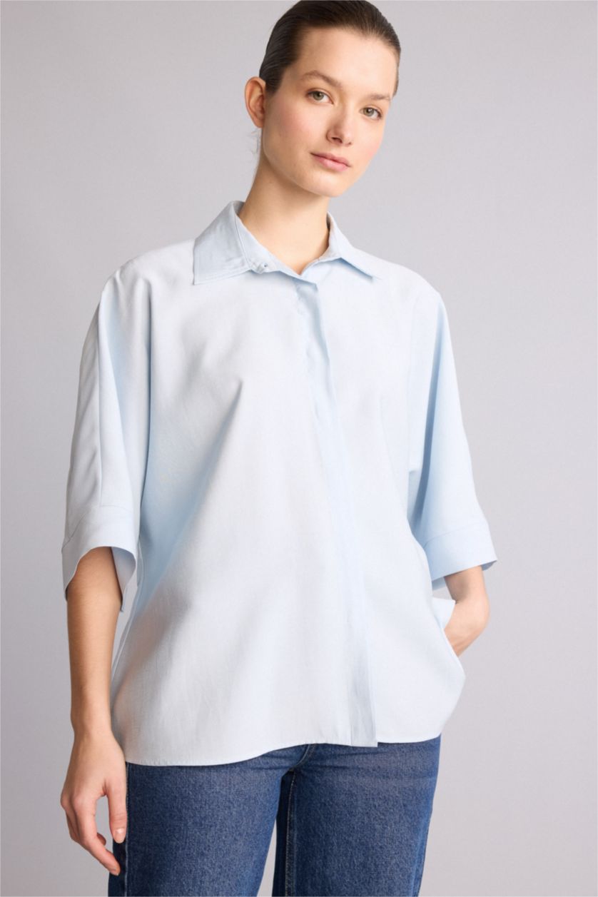 Kadın Açık Mavi Relaxed Fit Modal Gömlek