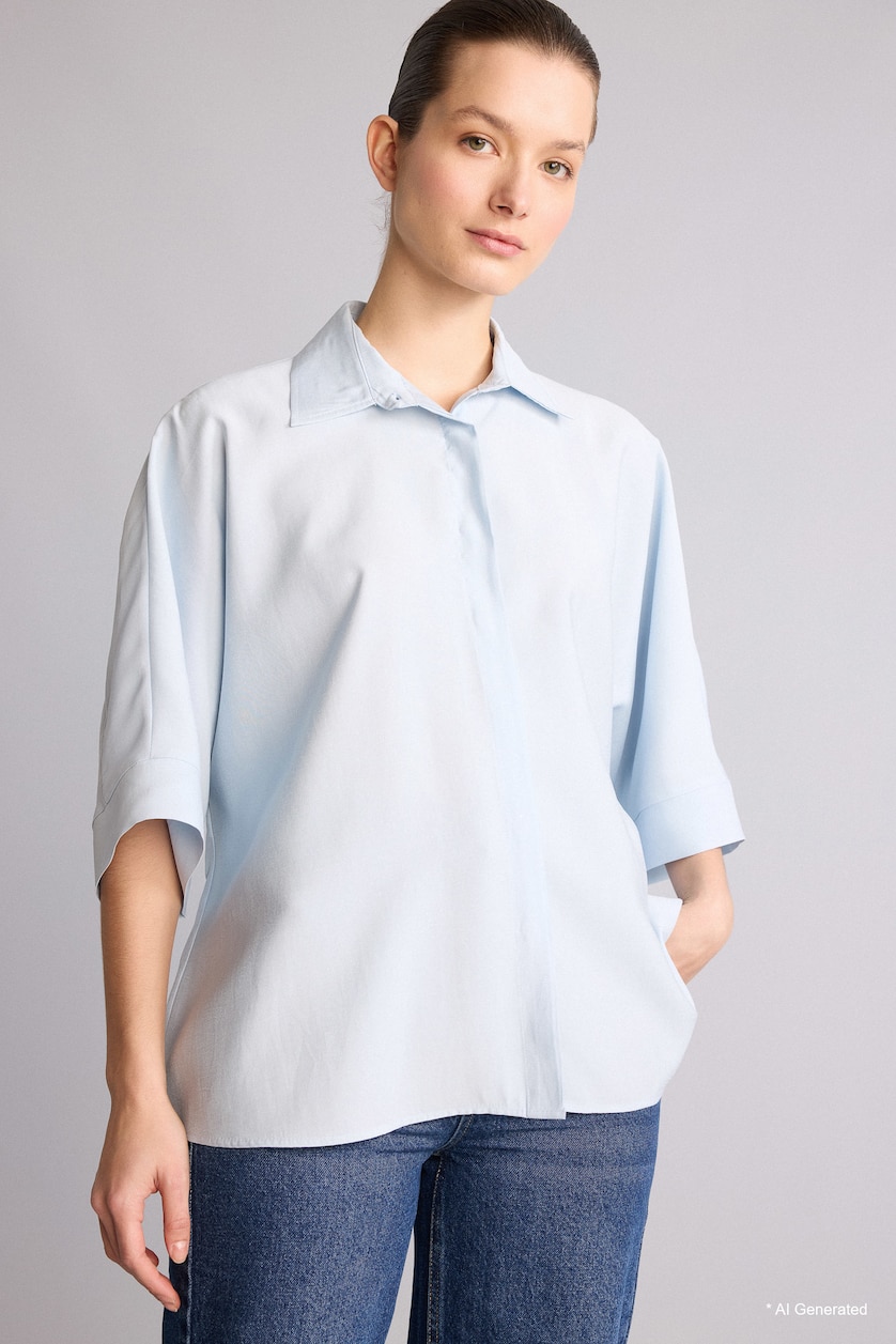 WOMAN Light Blue Relax Fit modal Short Sleeve Shirt