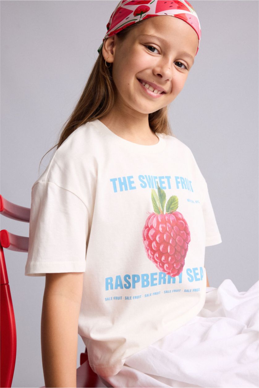 GIRLS & TEENS Ecru Girl Neck Fruit Print Cotton T-Shirt