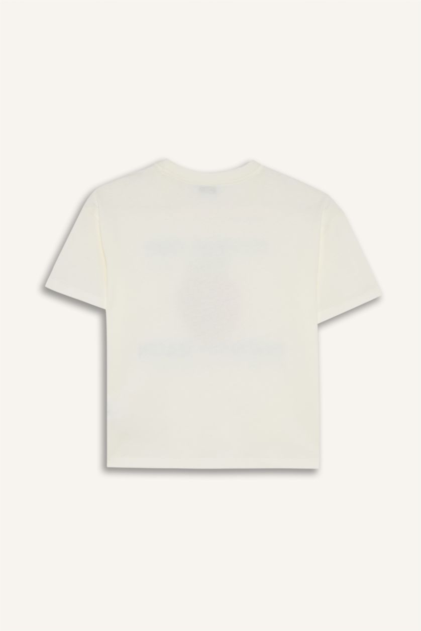 Kız Çocuk - Genç Kız Ekru %100 Pamuk Bisiklet Yaka Meyve Desenli Penye Kısa Kollu Tişört Kız Çocuk