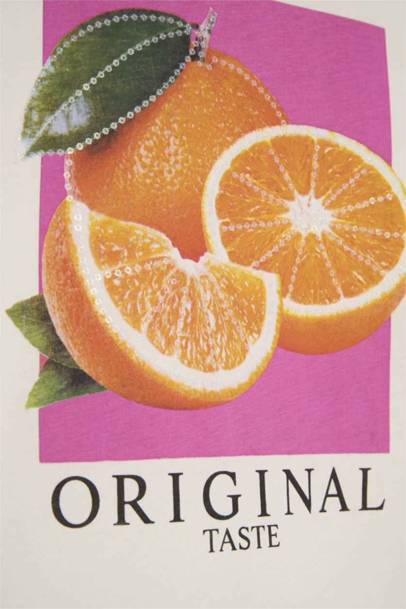 Kız Çocuk - Genç Kız Ekru %100 Pamuk Bisiklet Yaka Meyve Baskılı Penye Kısa Kollu Tişört Kız Çocuk