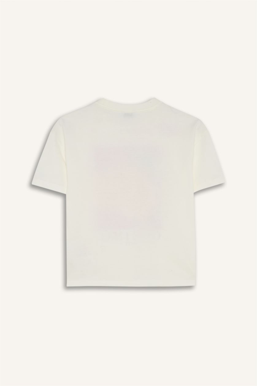 Kız Çocuk - Genç Kız Ekru %100 Pamuk Bisiklet Yaka Meyve Baskılı Penye Kısa Kollu Tişört Kız Çocuk