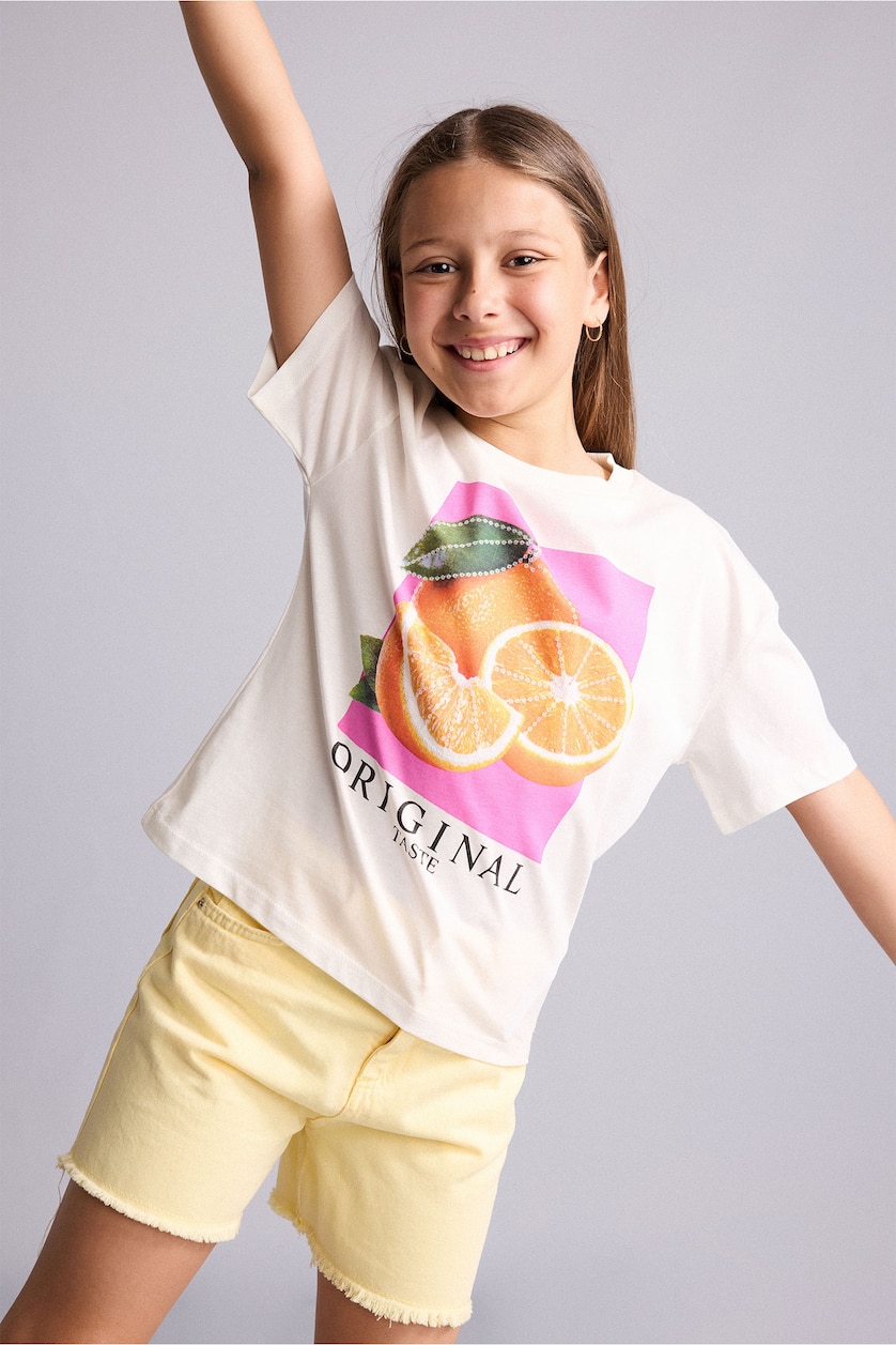 GIRLS & TEENS Ecru Girl Fruit Print Short Sleeve T-Shirt