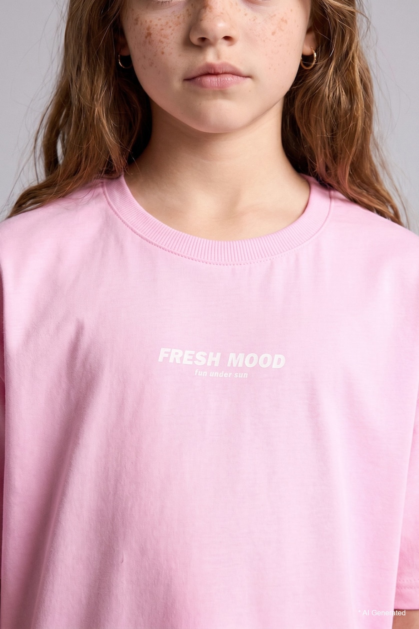بنات زهري فاتح Girl Crew Neck Printed Short Sleeve Pink T-Shirt