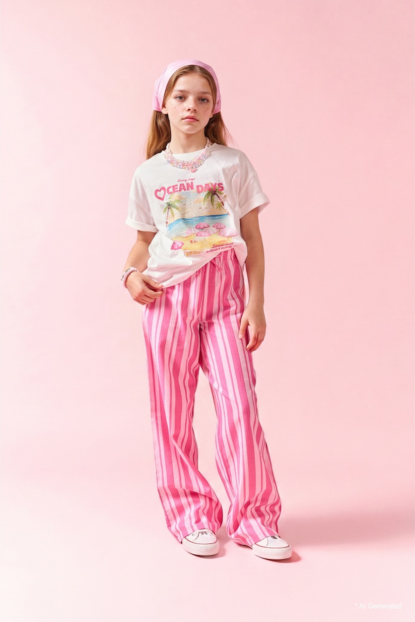بنات بيج فاتح Printed Short Sleeve T-Shirt
