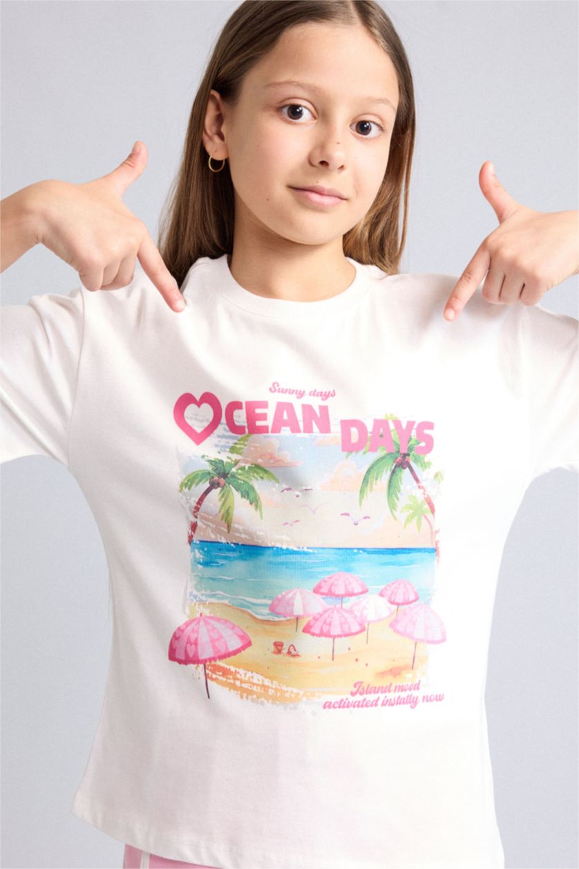Young Girls - Teen Girls Ecru Printed Short Sleeve T-Shirt