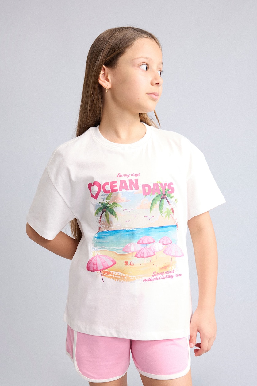 FILLES Écru T-shirt à manches courtes Graphique Col rond Fille