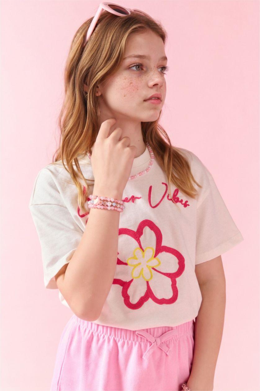 FILLES Écru T-shirt à manches courtes Floral Col arrondi Fille