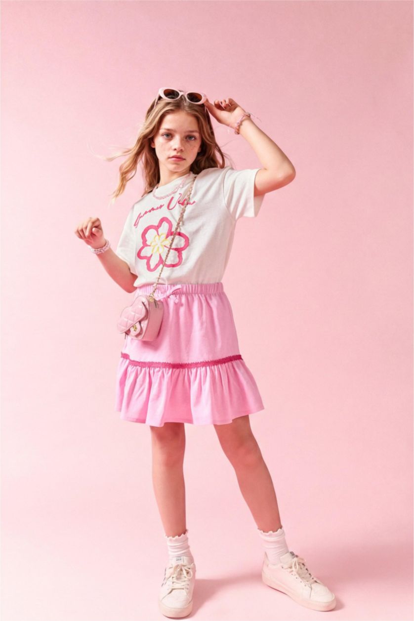 FILLES Écru T-shirt à manches courtes Floral Col arrondi Fille