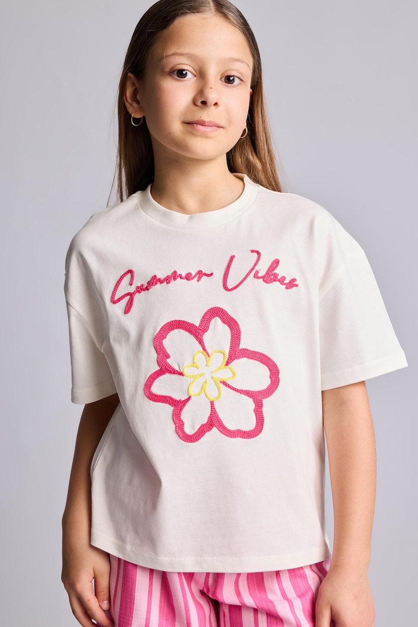 Young Girls - Teen Girls Ecru Regular Fit Floral Short Sleeve T-Shirt