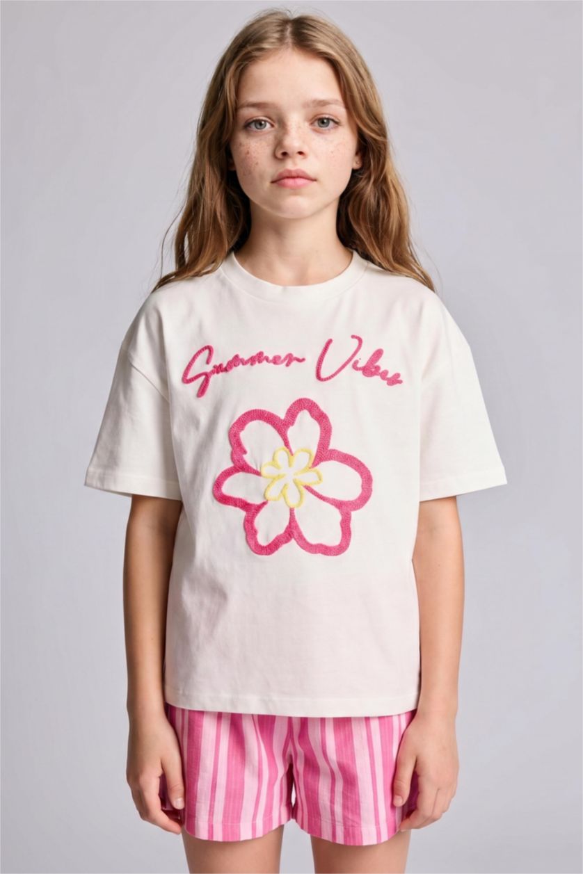 Young Girls - Teen Girls Ecru Regular Fit Floral Short Sleeve T-Shirt