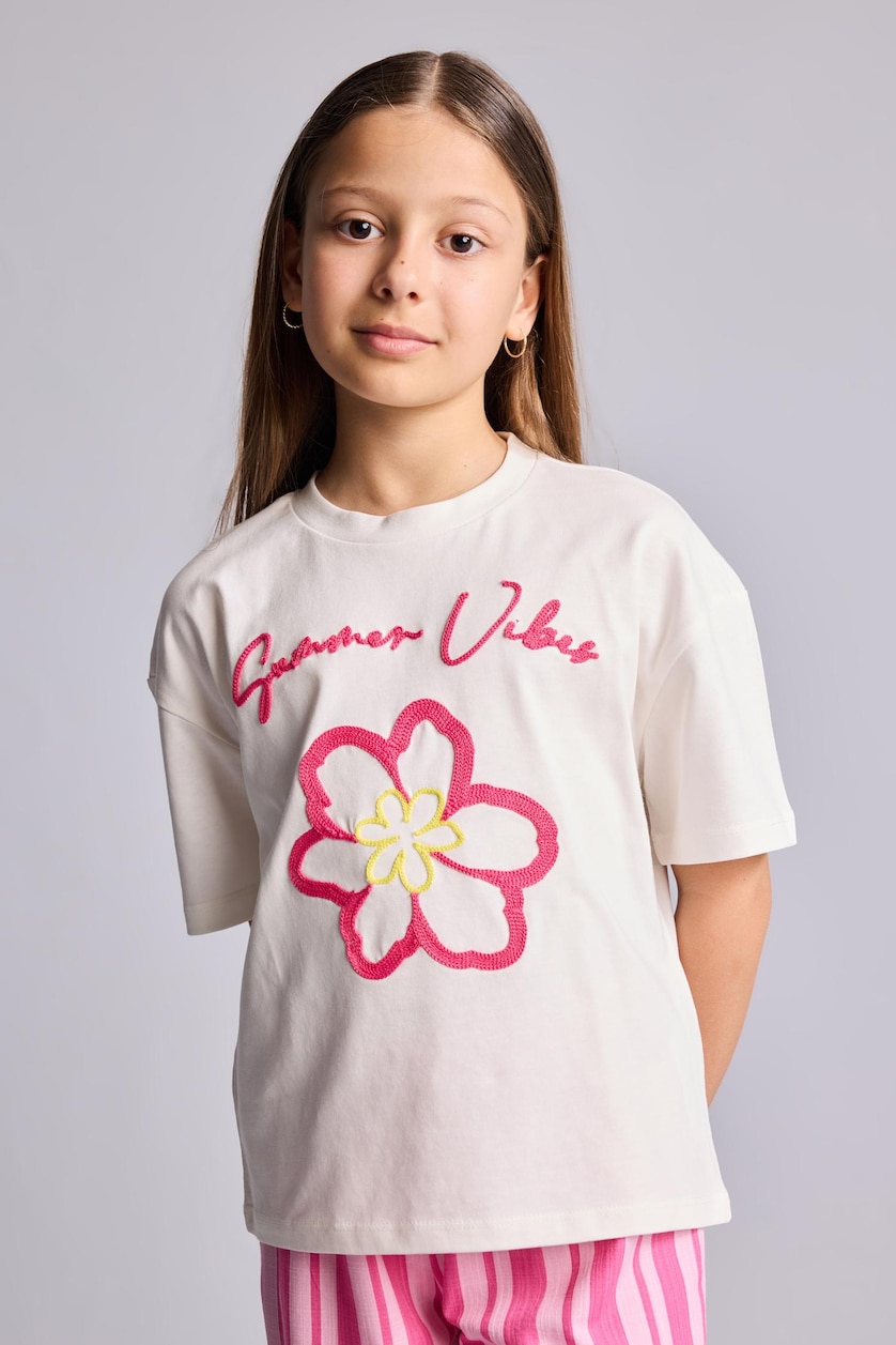 Young Girls - Teen Girls Ecru Regular Fit Floral Short Sleeve T-Shirt