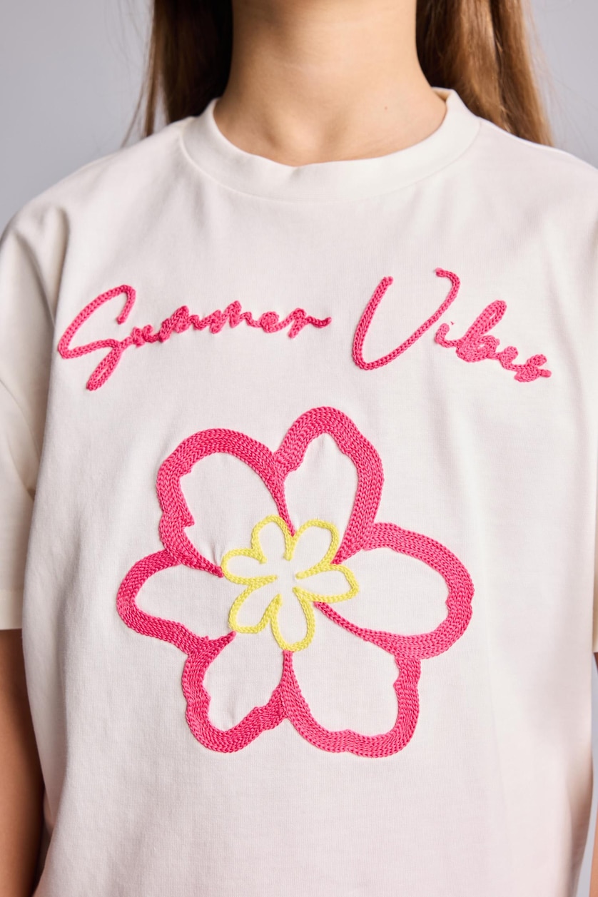 Young Girls - Teen Girls Ecru Regular Fit Floral Short Sleeve T-Shirt