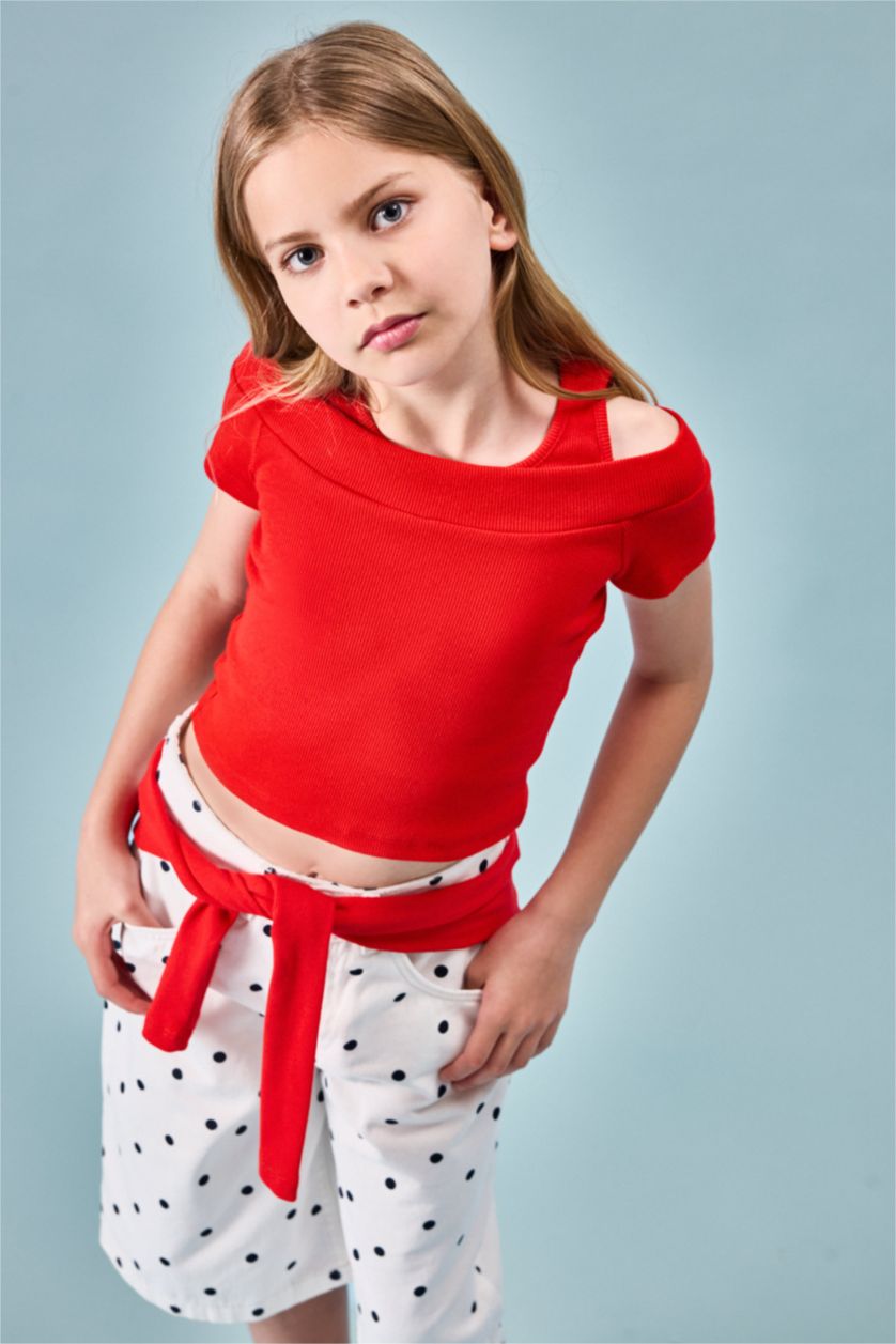 GIRLS & TEENS Red تيشيرت نص كم مضلع