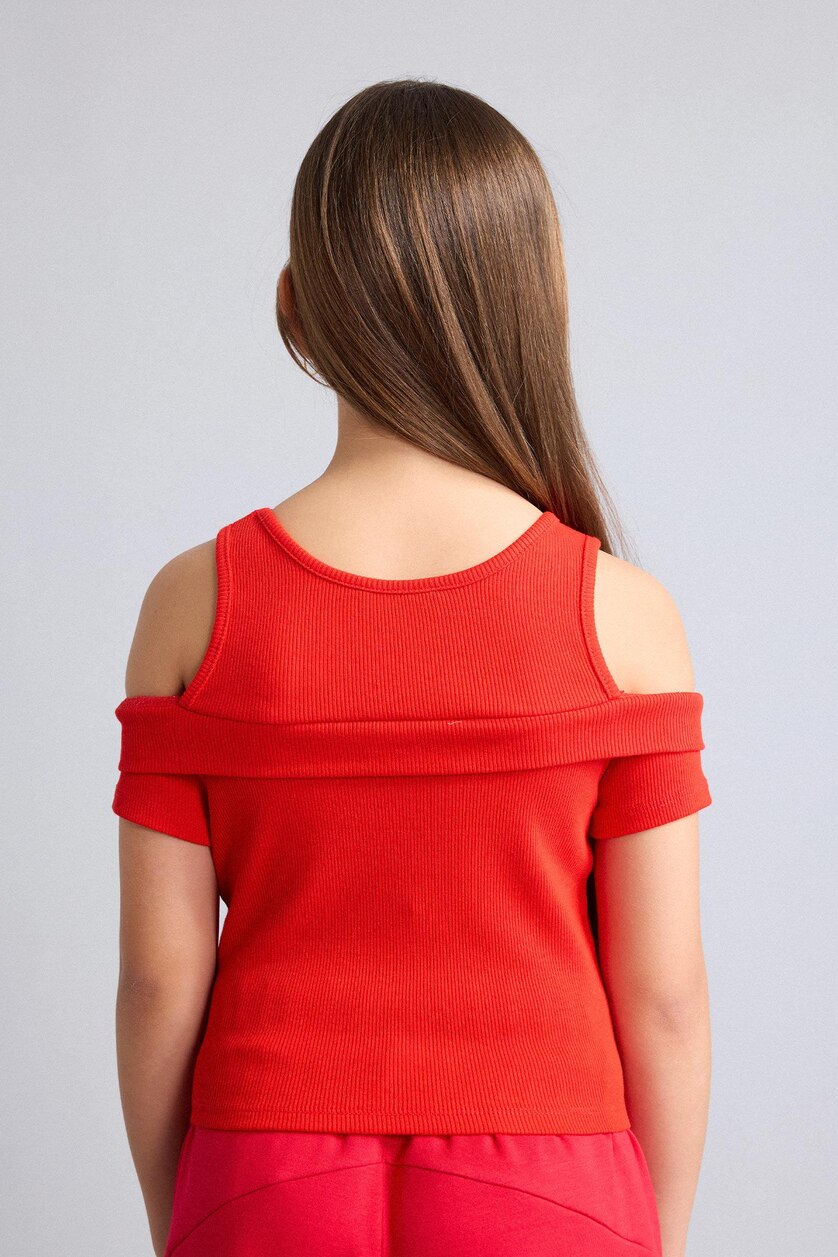 GIRLS & TEENS Red تيشيرت نص كم مضلع قصة عادية