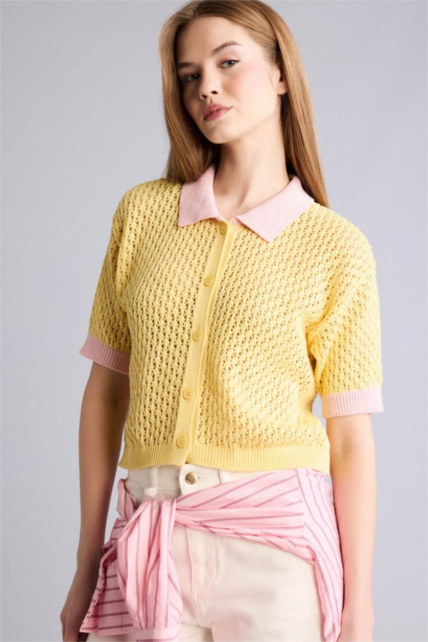 Kadın Açık Sarı Sarı polo yaka detayına sahip triko yelek