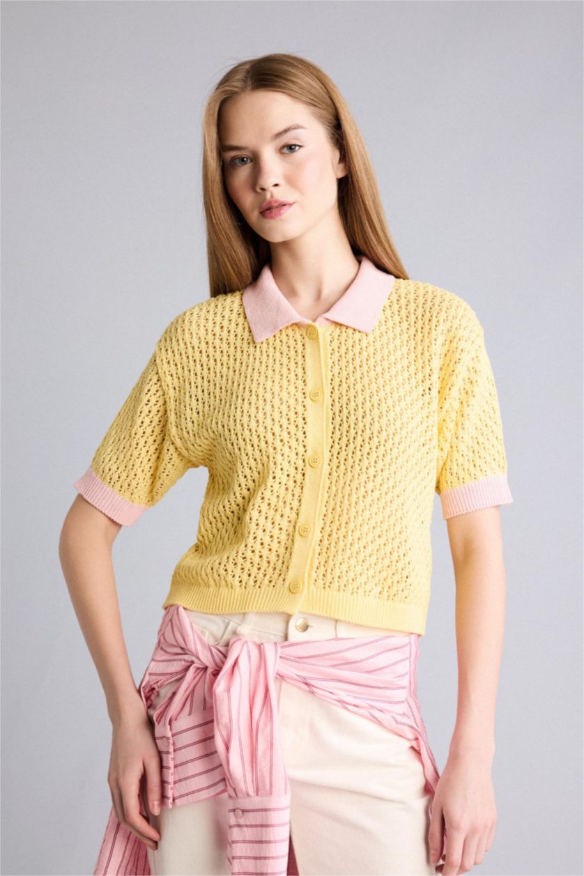 Kadın Açık Sarı Sarı polo yaka detayına sahip triko yelek