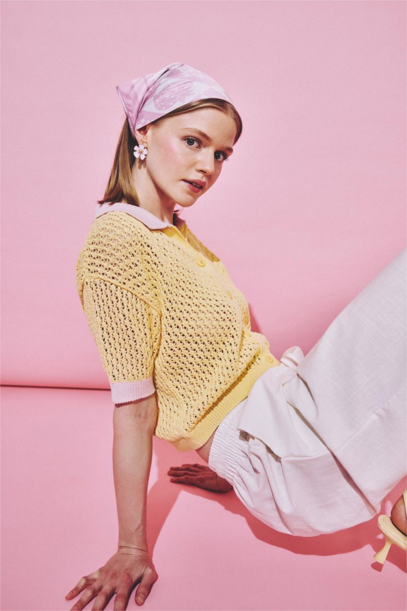 Women Light Yellow Regular Fit Polo Collar Knitwear Pullover