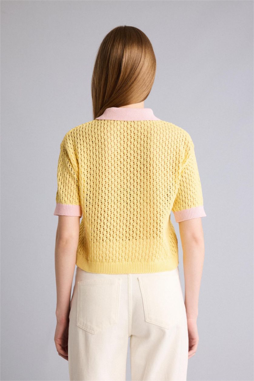 Kadın Açık Sarı Sarı polo yaka detayına sahip triko yelek