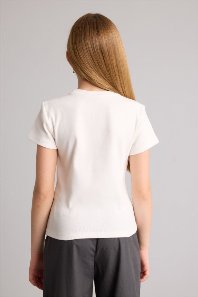 بنات أبيض تيشيرت بناتي ردن طويل مضلع قصة عادية