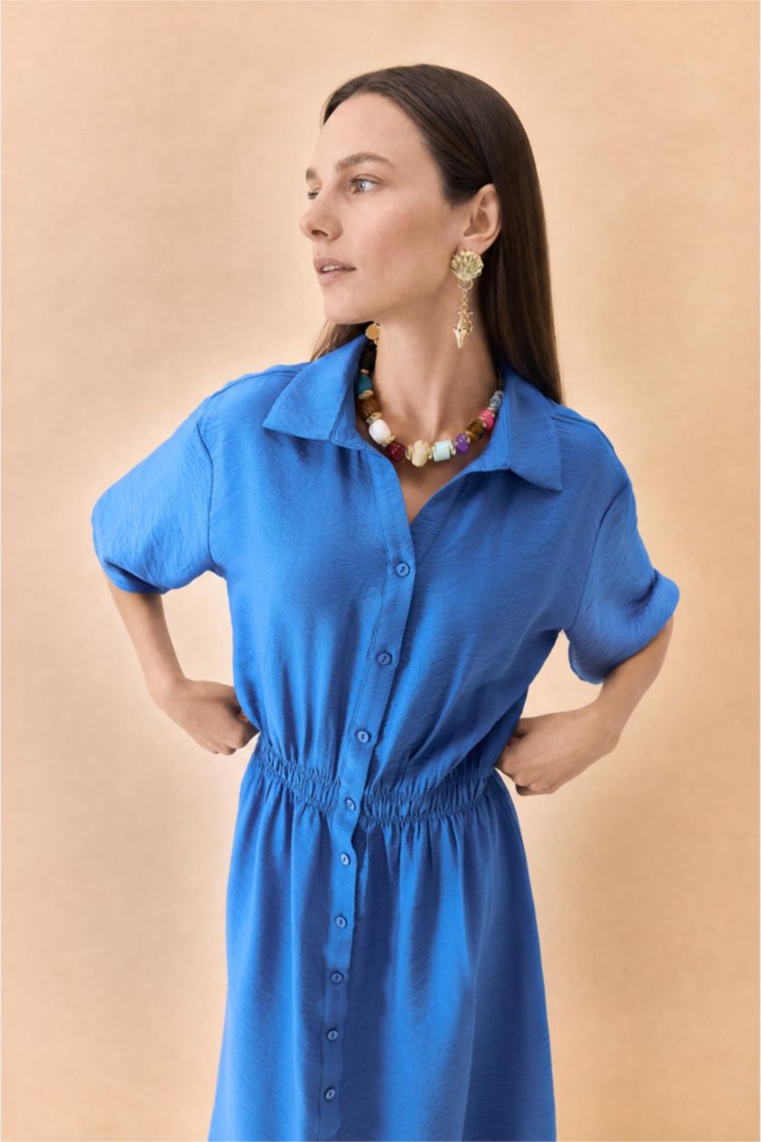 Woman Blue Regular Fit Shirt Collar Waist Midi Dress