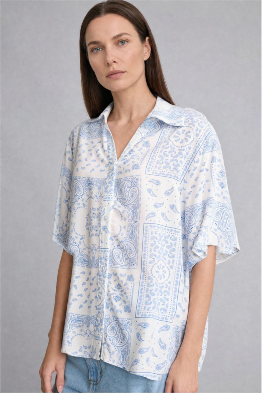 Woman Blue Regular Fit Printed Blue Shirt
