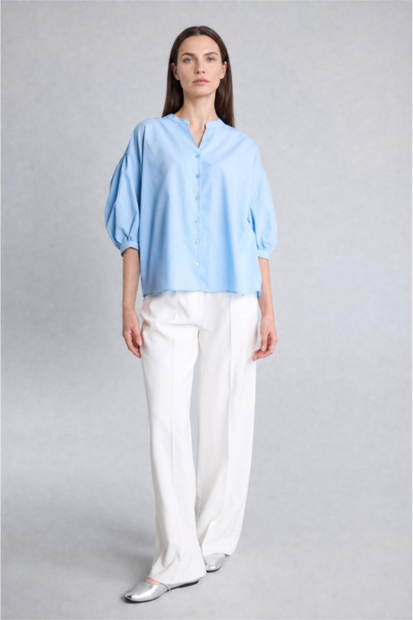 Women Blue Regular Fit Voile Short Sleeve Shirt