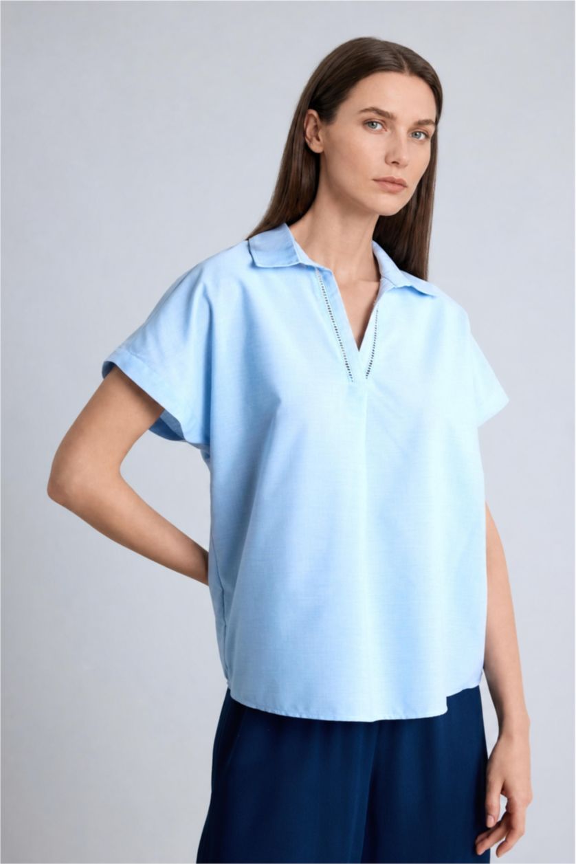 Woman Blue Regular Fit Shirt Collar Voile Short Sleeve Shirt