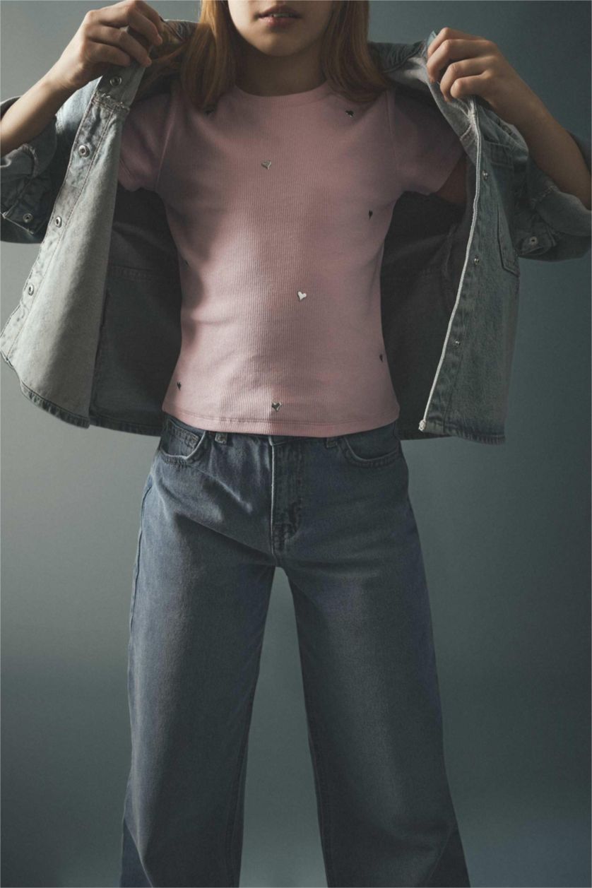 بناتي زهري فاتح تيشيرت بناتي نص كم مضلع قصة عادية بطبعة قلب