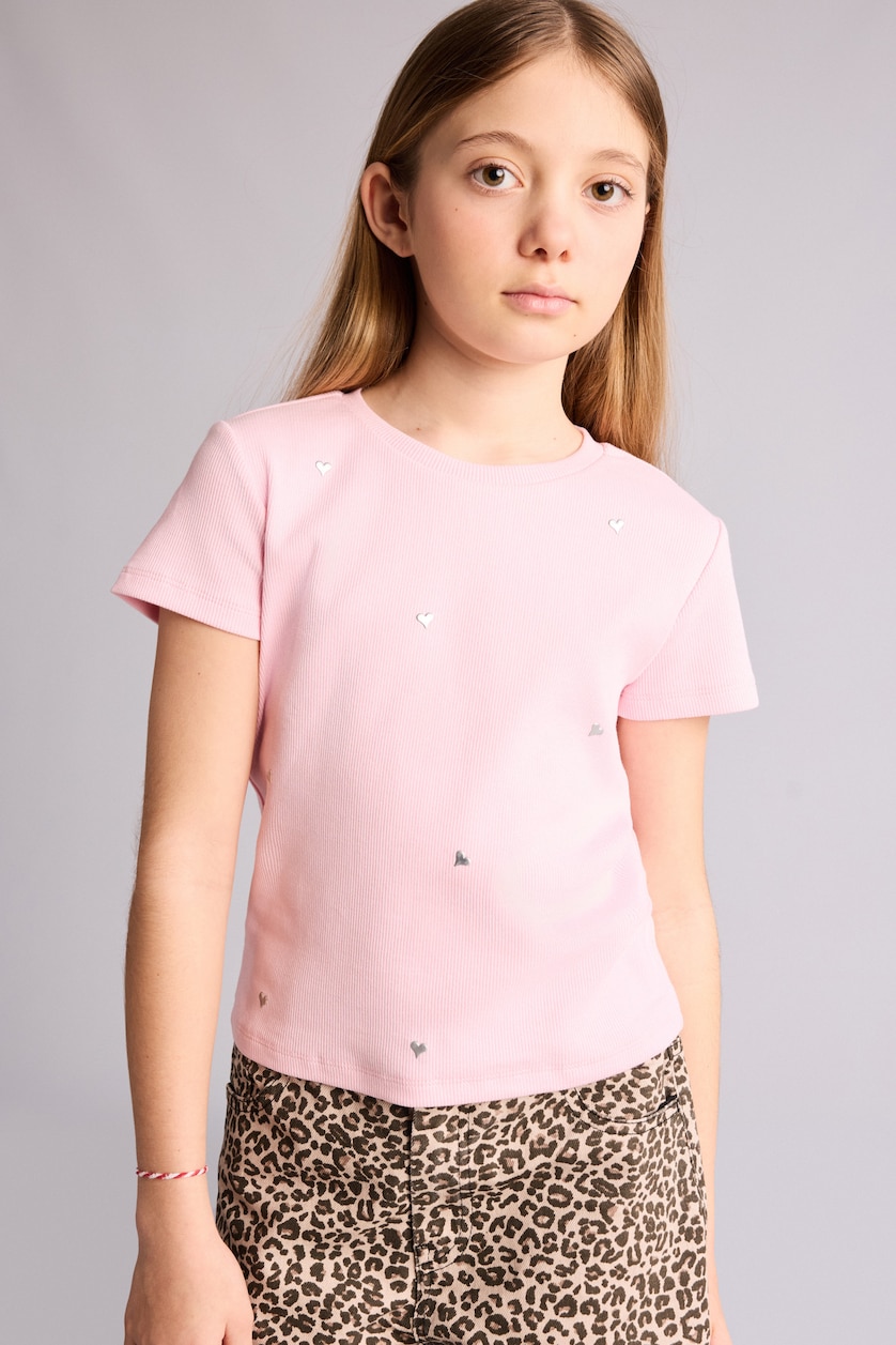 GIRLS & TEENS Light Pink Girl Heart Patterned Ribbed T-Shirt