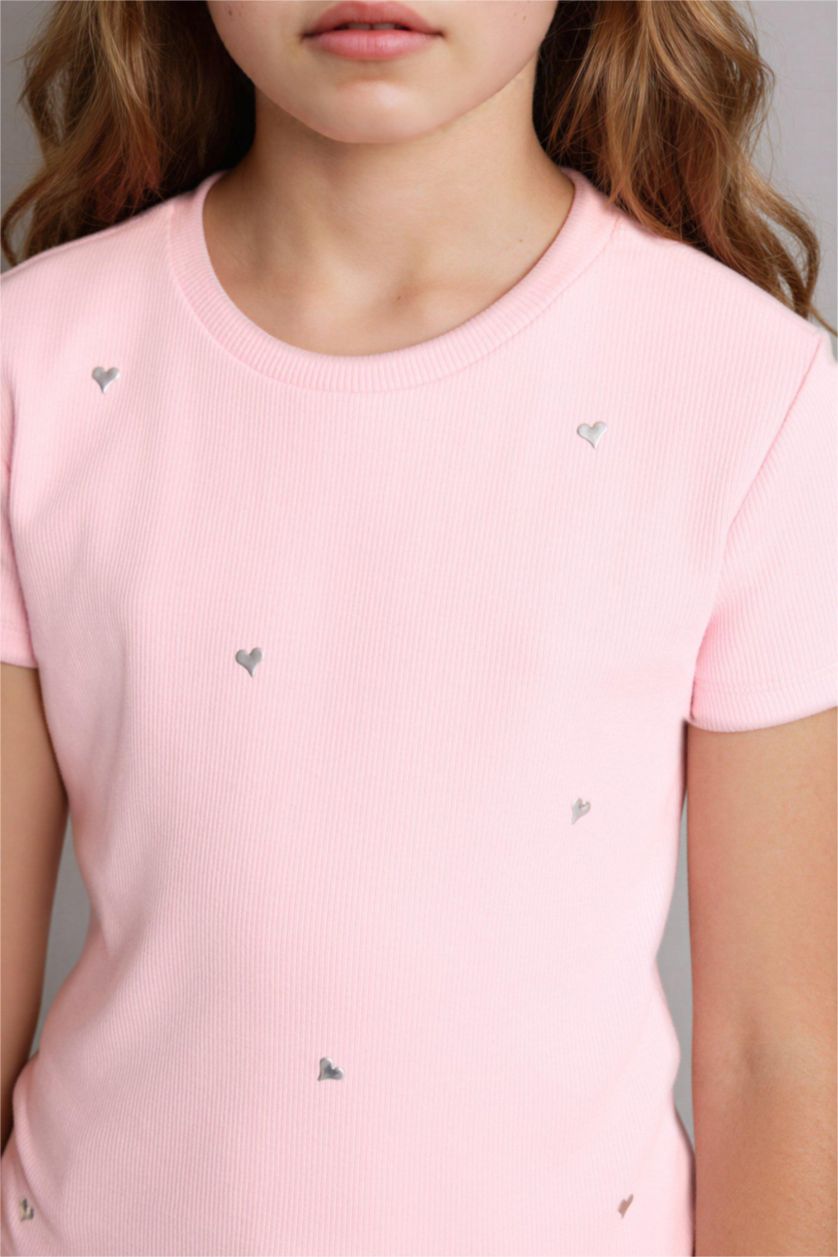 بناتي زهري فاتح تيشيرت بناتي نص كم مضلع قصة عادية بطبعة قلب