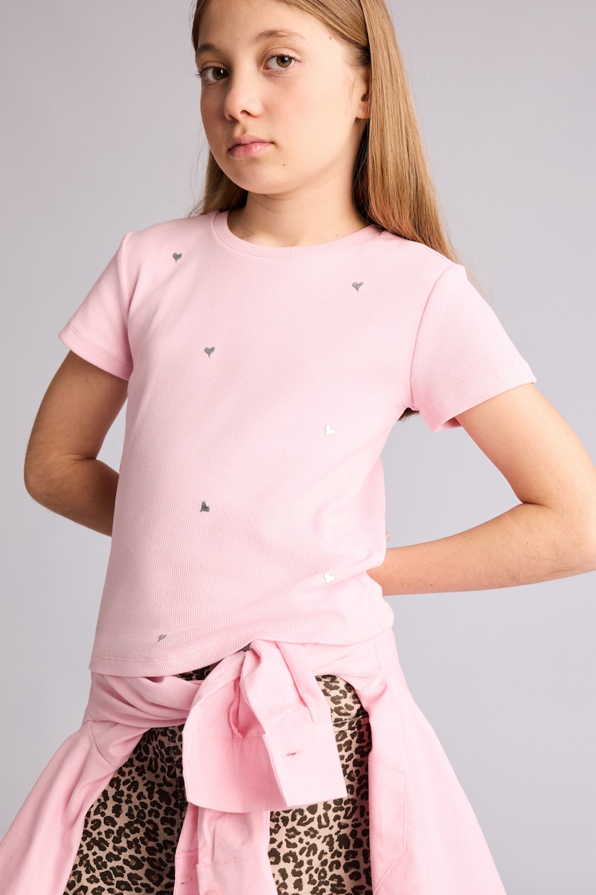 GIRLS & TEENS Light Pink Girl Heart Patterned Ribbed T-Shirt