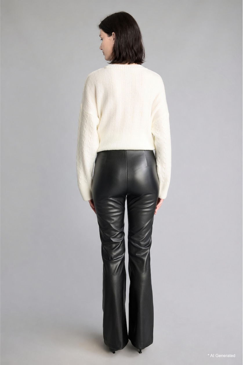 WOMAN Black Flared Fit Normal Waist Pockets Faux Leather Trousers