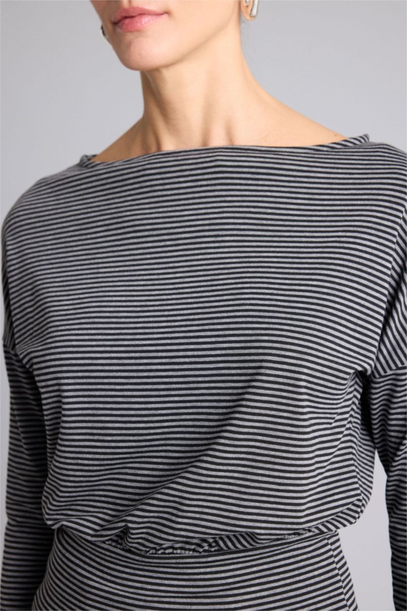 Kadın Siyah Slım Fıt Kayık Yaka Uzun Kollu Tişört