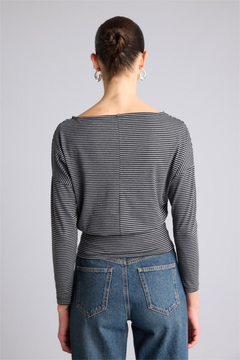 Kadın Siyah Slım Fıt Kayık Yaka Uzun Kollu Tişört